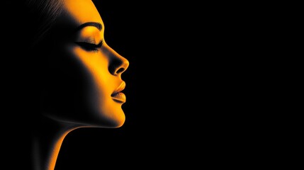 Woman's face is shown in a black background with a yellow hue. The image is a portrait of a woman's face, and it has a moody and dramatic feel to it