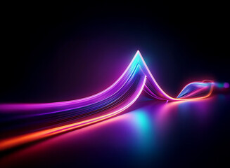 Abstract artwork featuring vibrant neon light trails in pink, orange, and blue, forming flowing, wave-like shapes against a dark background.  The light reflects subtly on a glossy surface.
