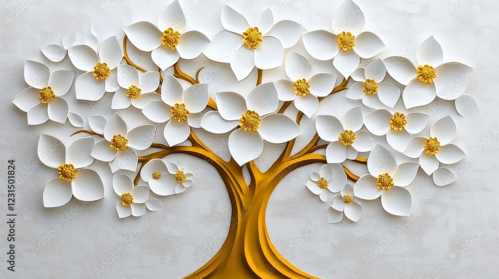 Poster tree made of paper flowers is displayed on a white background. the tree is made of many small paper 