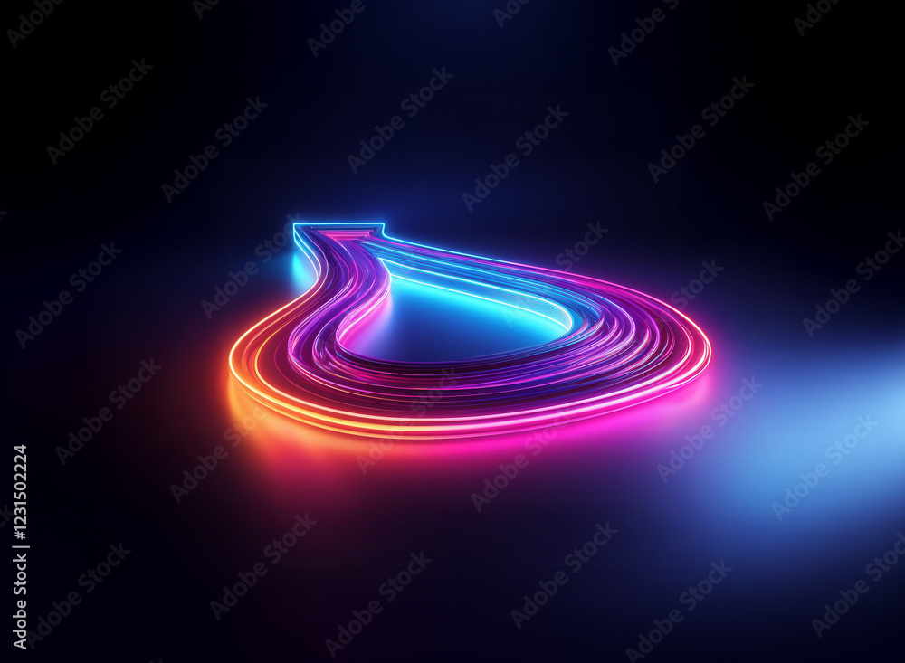Poster vibrant neon light trails form an abstract teardrop shape on a dark reflective surface. the glowing 