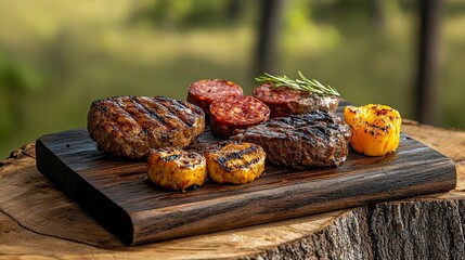 Grilled Steak and Sausages Platter on Wooden Board with Fresh Herbs and Colorful Vegetables in Nature Setting