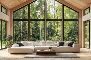 Modern cabin living room, forest view, sunlight, relaxation, interior design, home decor