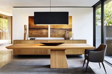 Modern dining area featuring natural wood elements and contemporary decor in a spacious setting