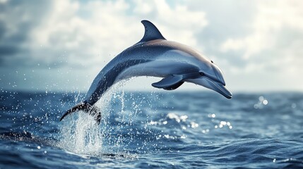 Fototapeta premium Dolphin Leaping: A graceful dolphin leaps high above the cerulean waves, leaving a trail of shimmering spray as it embraces the freedom of the open ocean.