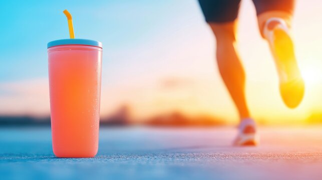 sports drinks energy Athlete running uphill with a sports drink bottle, boosting energy levels during exercise, carbohydrate source and performance enhancer