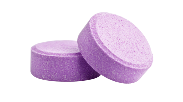 Two purple pills resting on a transparent background