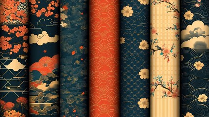 Asian floral fabric patterns, textile design,  background, digital art, wallpaper