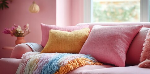 Pastel Pink Sofa with Textured Cushions and Rainbow Throw