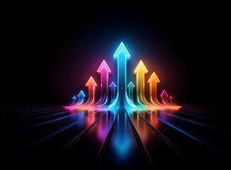 Vibrant neon arrows ascend, converging at the apex, their glow reflected on a sleek, dark surface.  Symbolizing growth, progress, and upward trajectory.