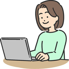 笑顔でパソコンを操作している若い女性のイラスト
