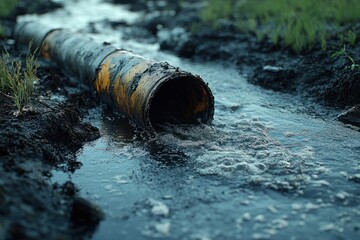 Obraz premium Broken pipe leaking contaminated water into muddy landscape at a construction site in the early morning