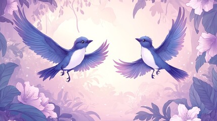 Fototapeta premium Two Blue Birds in Flight, Surrounded by Lavender Blossoms