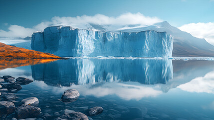Massive blue iceberg in Arctic landscape with perfect reflection, climate change, glacial wonder, National Geographic