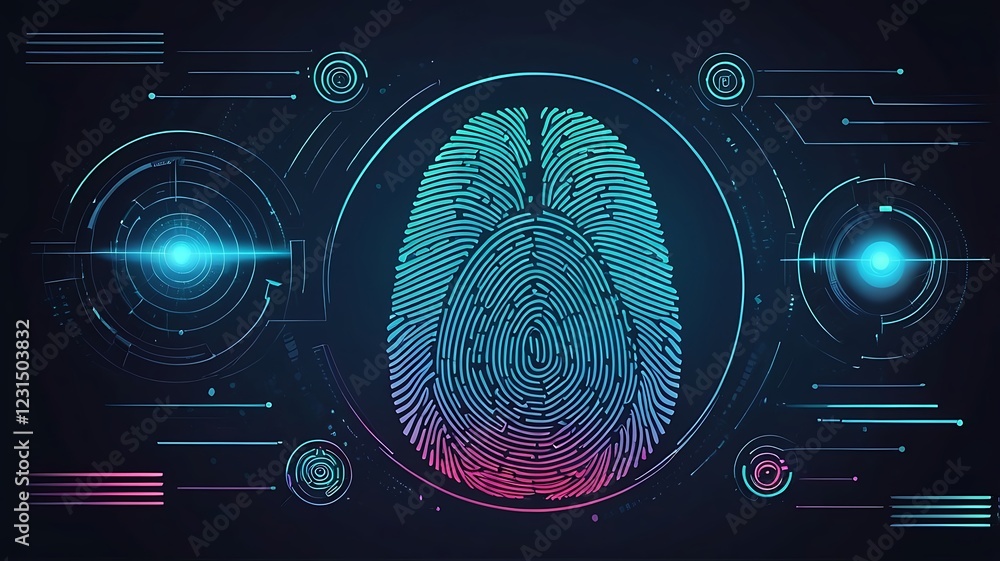Poster biometric security vector, fingerprint and retina scan, futuristic authentication
