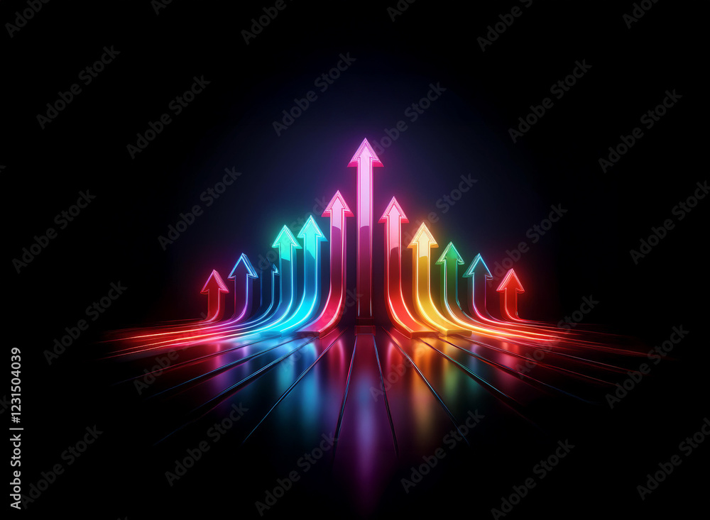 Poster vibrant, multicolored neon arrows ascend in a dynamic display against a dark background, their refle