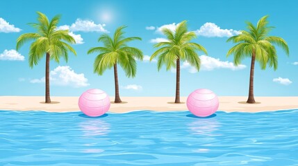 Obraz premium Idyllic tropical beach scene with four palm trees and two pink beach balls in calm water