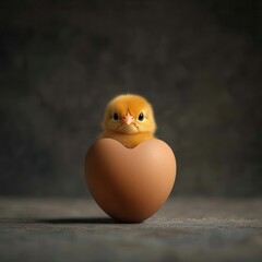 Bright Yellow Chick Emerging from Brown Eggshell
