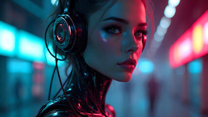A Woman With Headphones In A Neon Light Setting