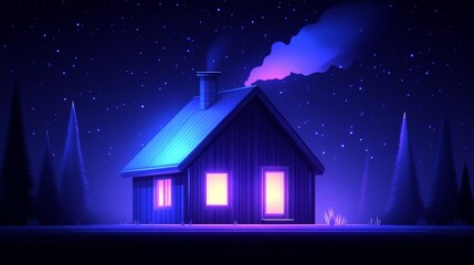 A Cozy Cabin Glowing in the Night, Surrounded by a Starry Forest