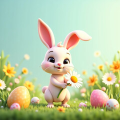 Obraz premium Happy rabbit holding flower in spring meadow