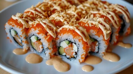 Delicious sushi rolls, restaurant setting, creamy sauce, food photography