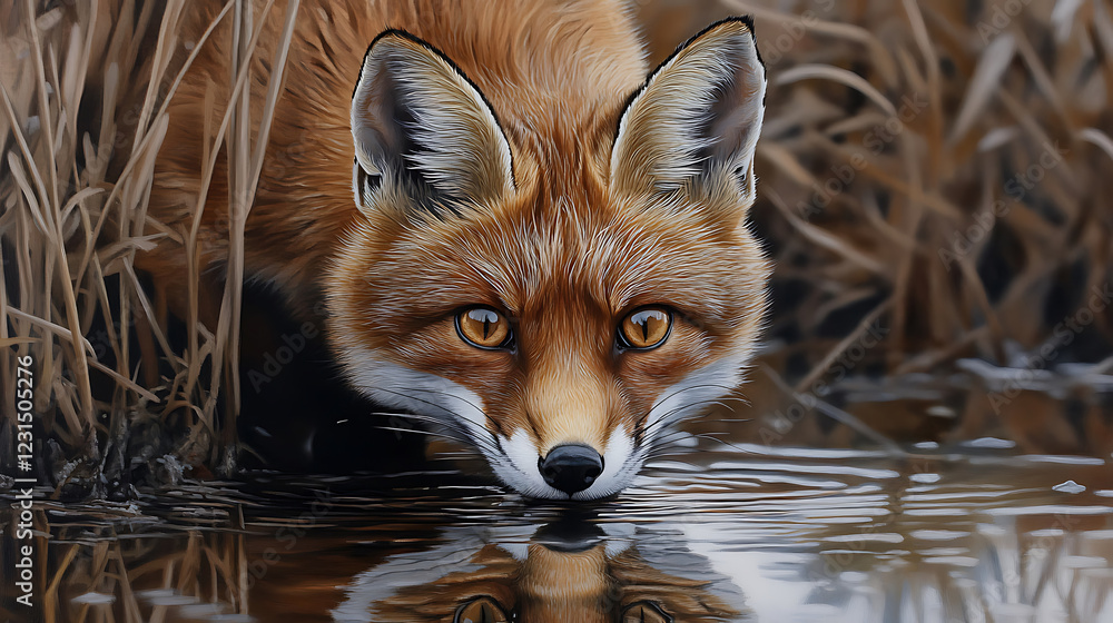 Poster close up of fox drinking from calm water surface, surrounded by tall grass. fox striking orange fur 
