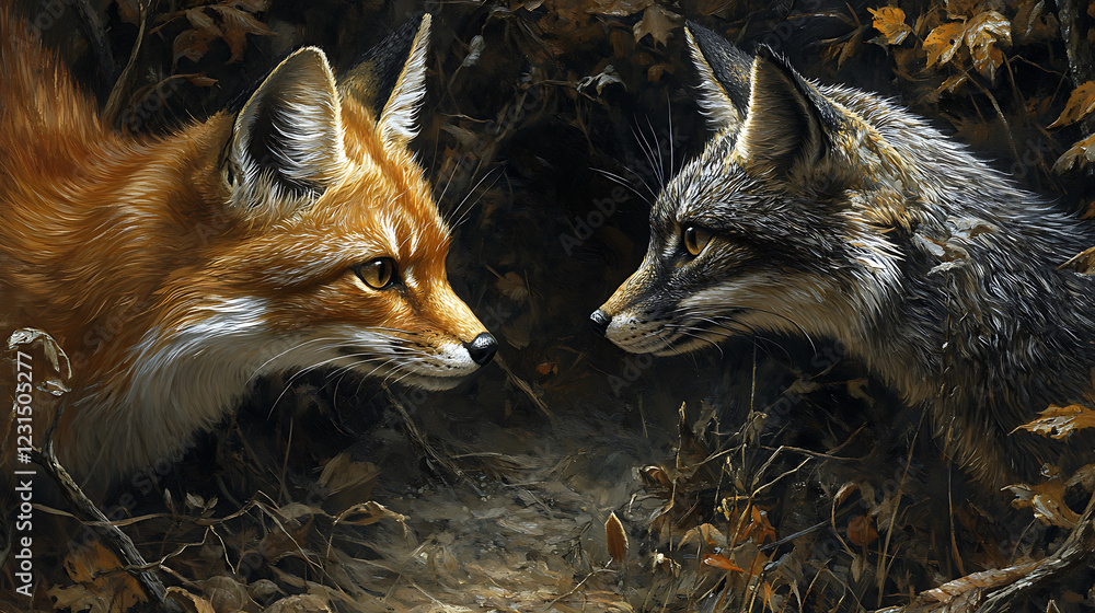 Poster captivating scene featuring fox and cat like creature facing each other in forest setting, surrounde