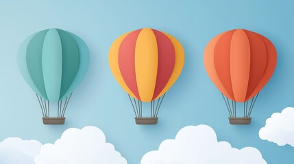 Three vibrant paper-style hot air balloons ascending in a clear blue sky