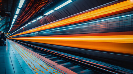 Futuristic subway station with motion blur and neon trails, cyberpunk, urban transit, and speed