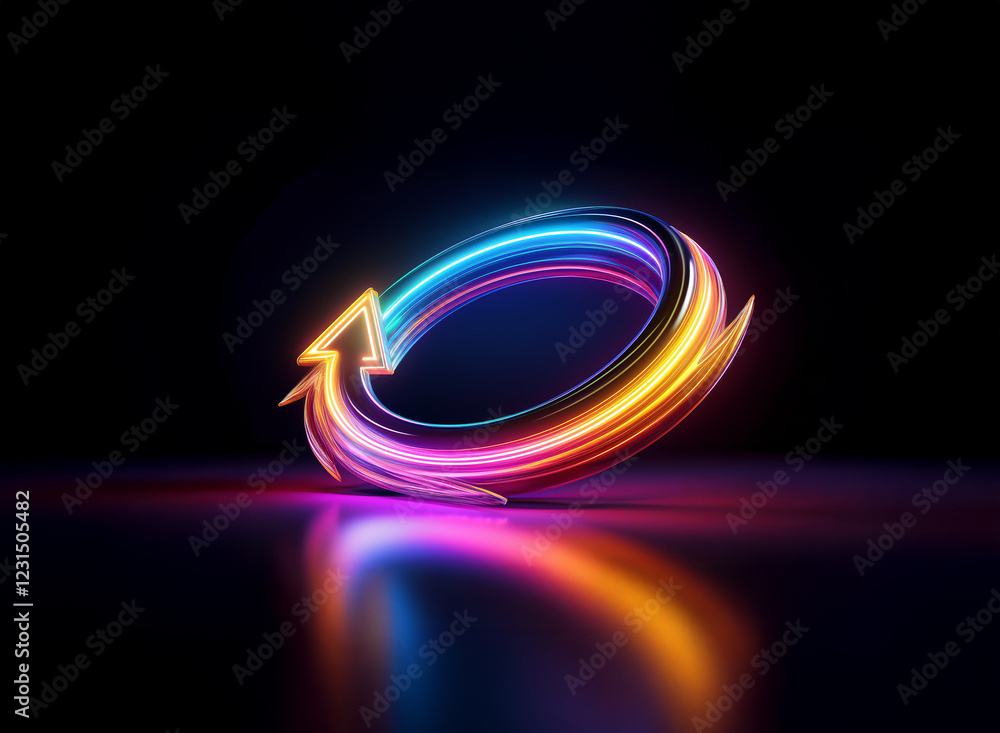 Aufkleber vibrant neon circular arrow, glowing brightly in a dark setting. the arrow's reflection is visible o