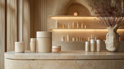 Obraz premium Step into a tranquil setting where elegant containers of makeup and skincare are artfully displayed. Soft, earthy tones create a harmonious ambiance, inviting exploration