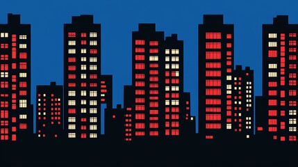 Nighttime cityscape silhouette with illuminated apartment buildings and skyscrapers