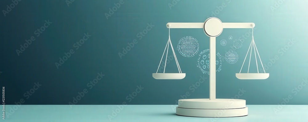 Poster law transformation concept. balance scale on a minimalist background with abstract elements.