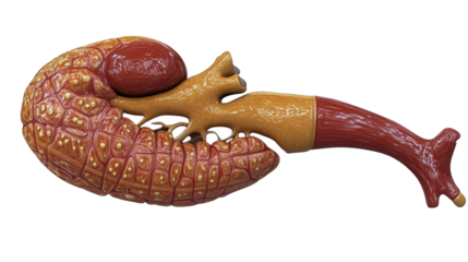Detailed anatomical model of the pancreas illustrating its structure and blood vessels for educational purposes