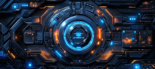 Futuristic Technology Dark and Geometric Circuitry, Glowing Nodes, High-Tech Abstract Background