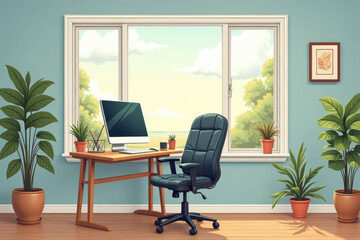 Fototapeta premium Cozy home office with wonderful by sight from the window and a place to copy 