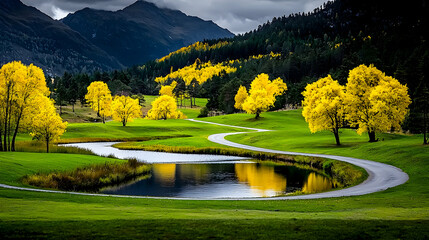 Obraz premium Autumnal golf course, winding road, mountain backdrop