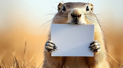 Small animal holding a blank piece of paper. The animal is holding the paper in its paws and looking up at the camera. Concept of curiosity and playfulness