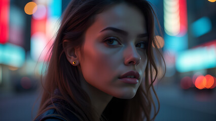 Portrait of woman against vibrant city background