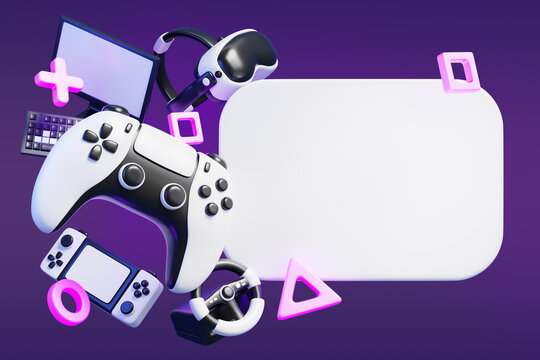Gaming night blank poster, video game live stream 3d render. White banner mockup with joystick, vr glasses, computer, console, wheel on neon background. Online tournament announcement. 3D illustration