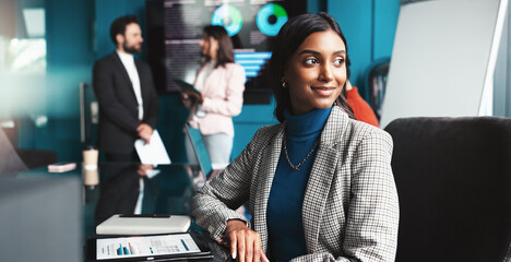 Documents, finance and vision with business woman in office of investment firm for portfolio...