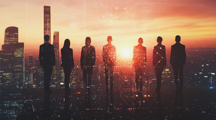 Abstract business team stands on the peak of success amid tall, innovative Smart city and graphs with statistics to analyze business potential and predict future developments in company growth.