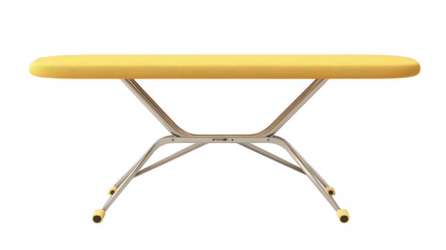 Bright yellow ironing board designed for modern home use, featuring a sleek metal frame and vibrant cover