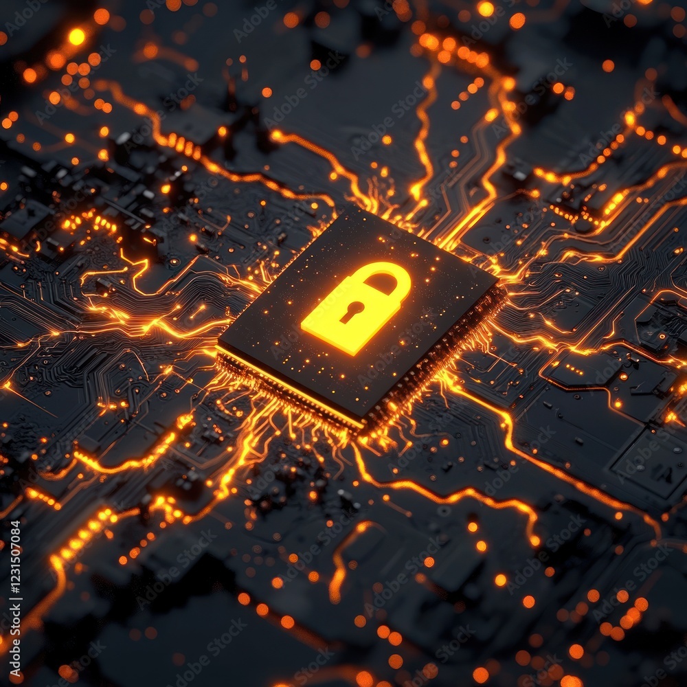 Poster secure chip with padlock. glowing network on circuit board. for tech, security concepts