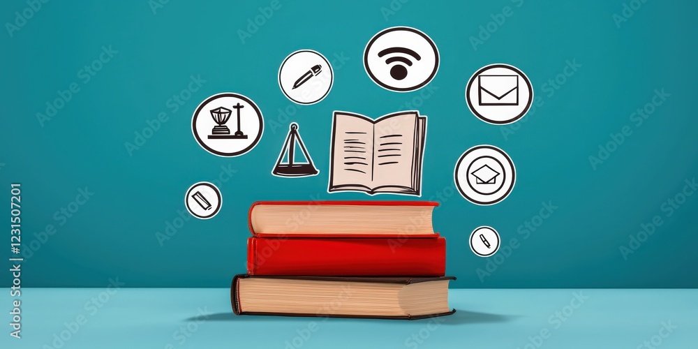 Aufkleber law transformation concept. books with icons representing knowledge and communication concepts.