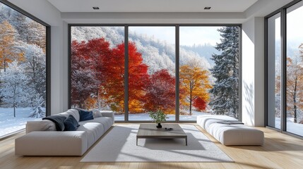 A living room with a window split into four sections, each showing a different season of the year