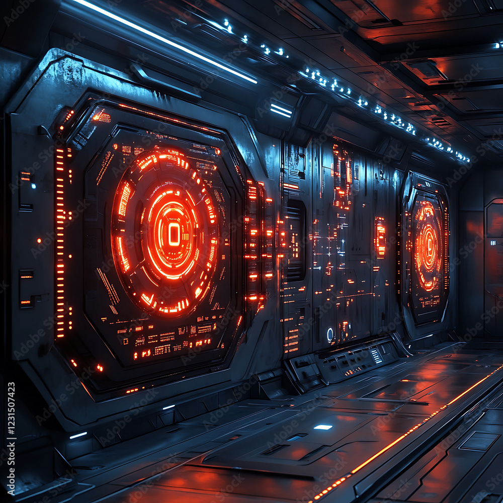 Poster Futuristic corridor with glowing orange panels and high tech design, creating sci fi atmosphere. Ideal for technology and space themed projects