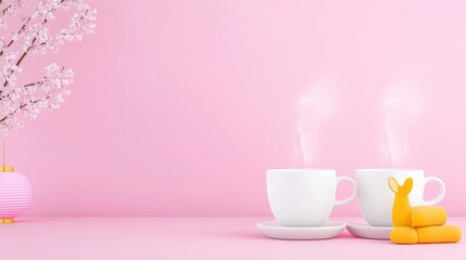 Warm Cups of Tea on a Soft Pink Background
