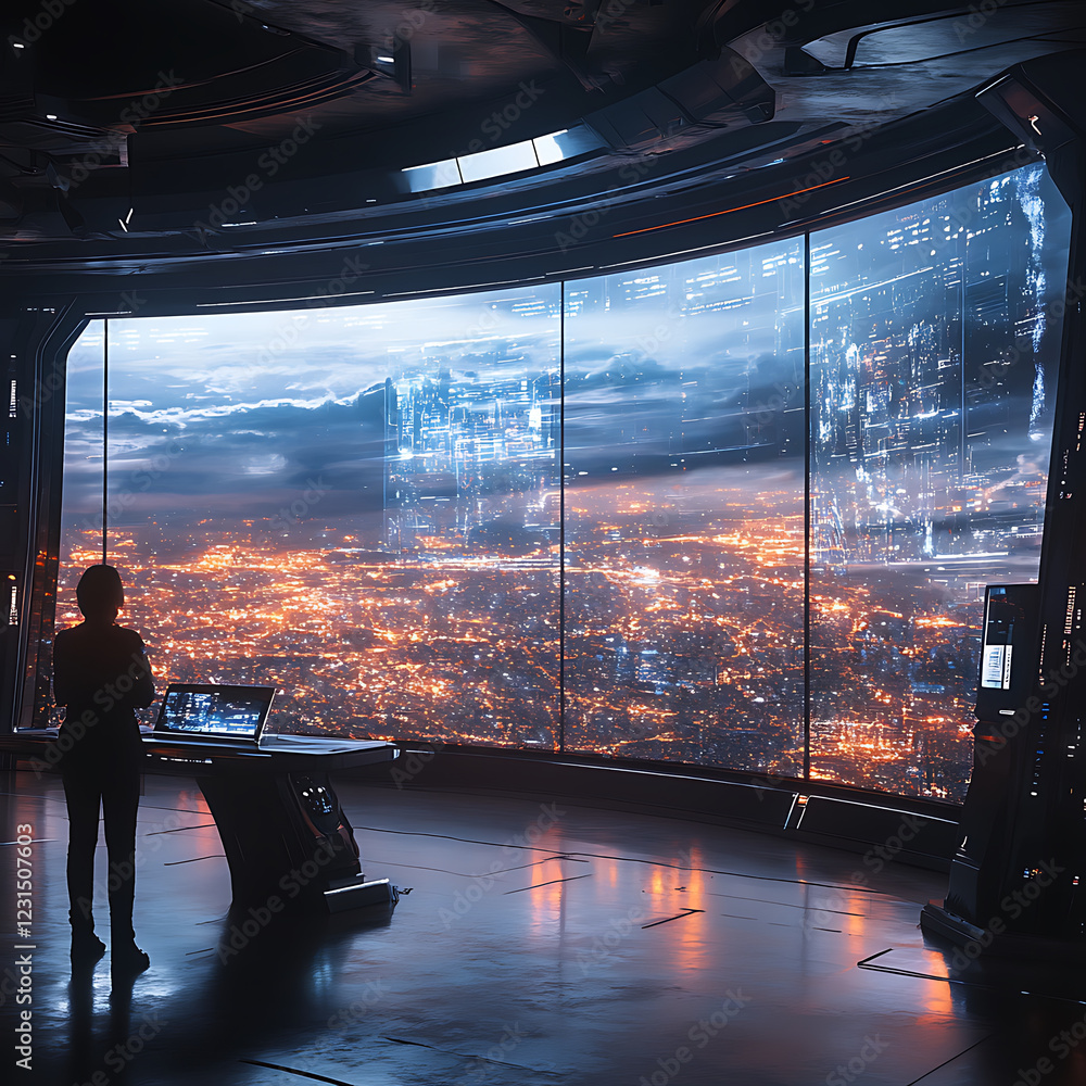 Poster person stands futuristic control room, gazing out vibrant cityscape illuminated by lights. high tech