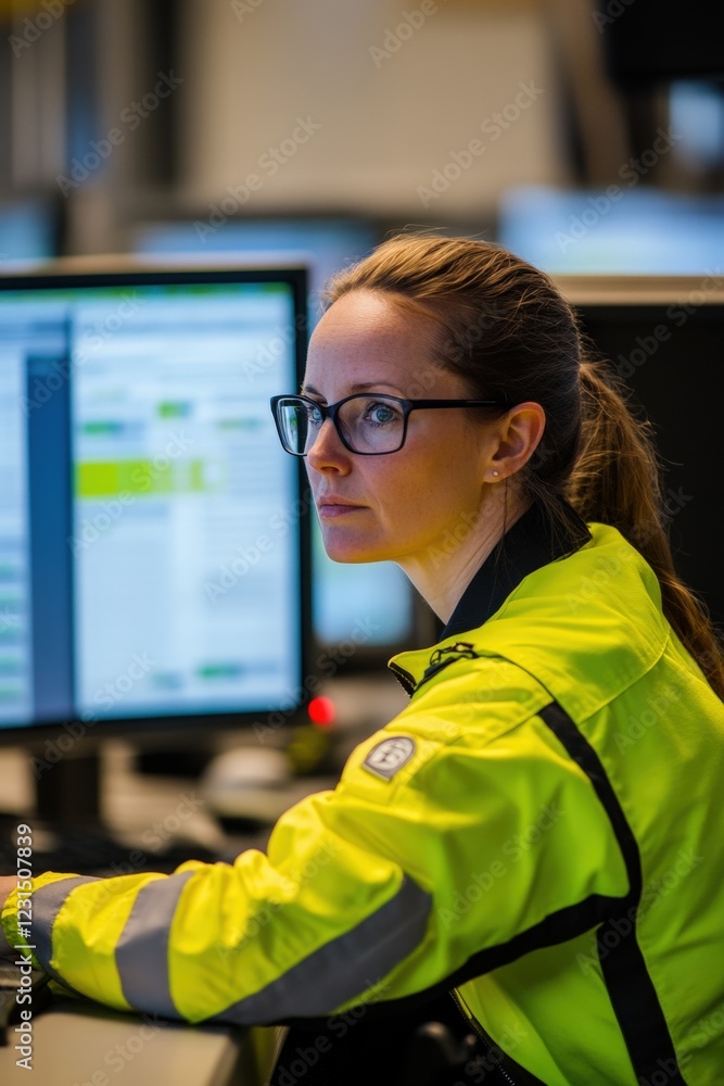 Poster woman in high-visibility jacket working at computer, focused on digital monitoring in a control room